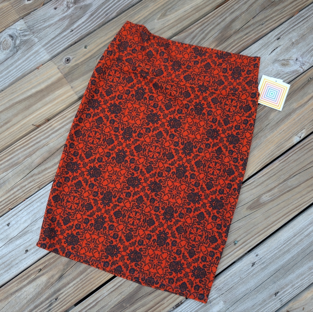 LulaRoe Skirt NWT Size L Orange Blue Midi Vintage Stretchy Boho Casual Relax